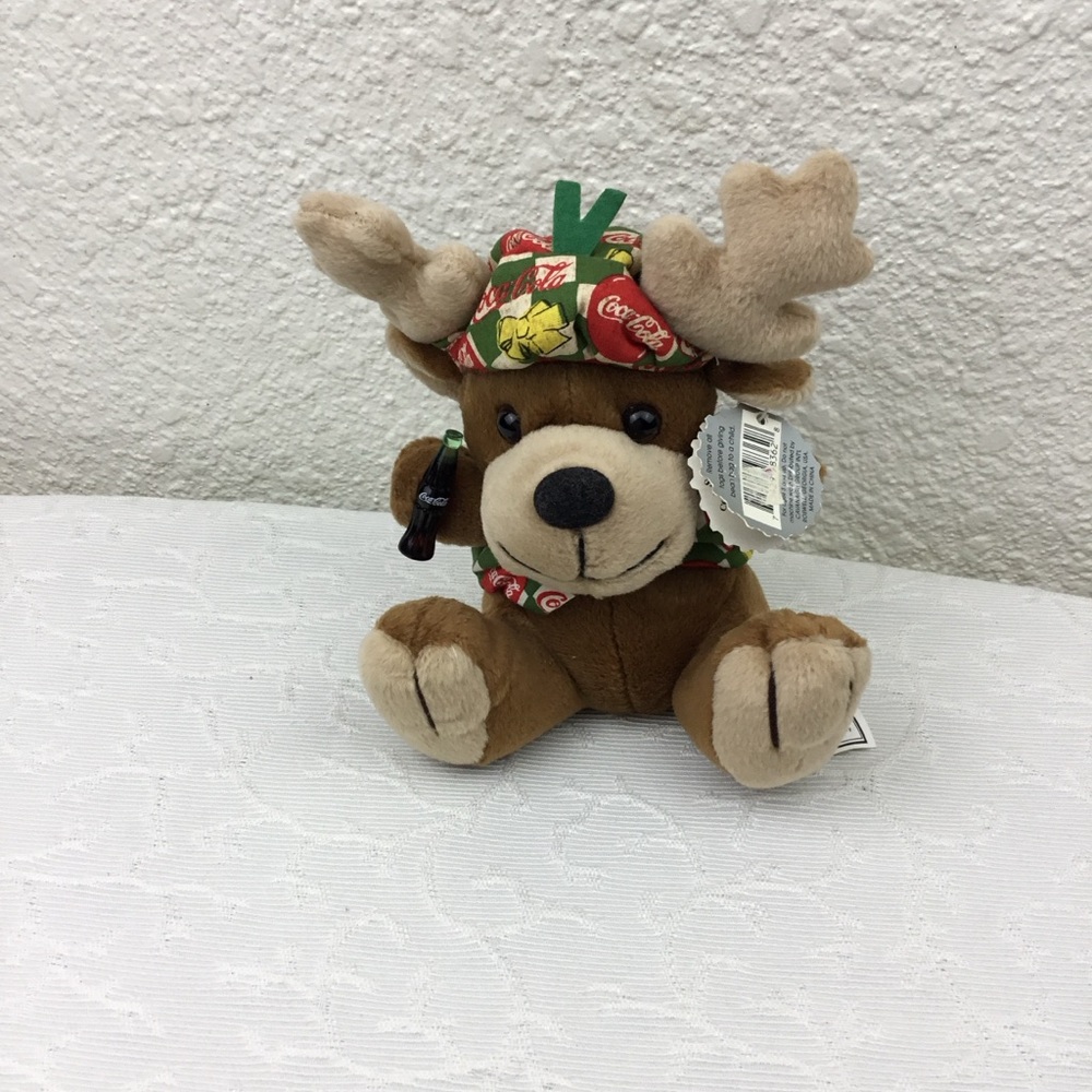 Brown Plush Reindeer Toy with Festive Hat Coca Cola Collectibles Reindeer Plush